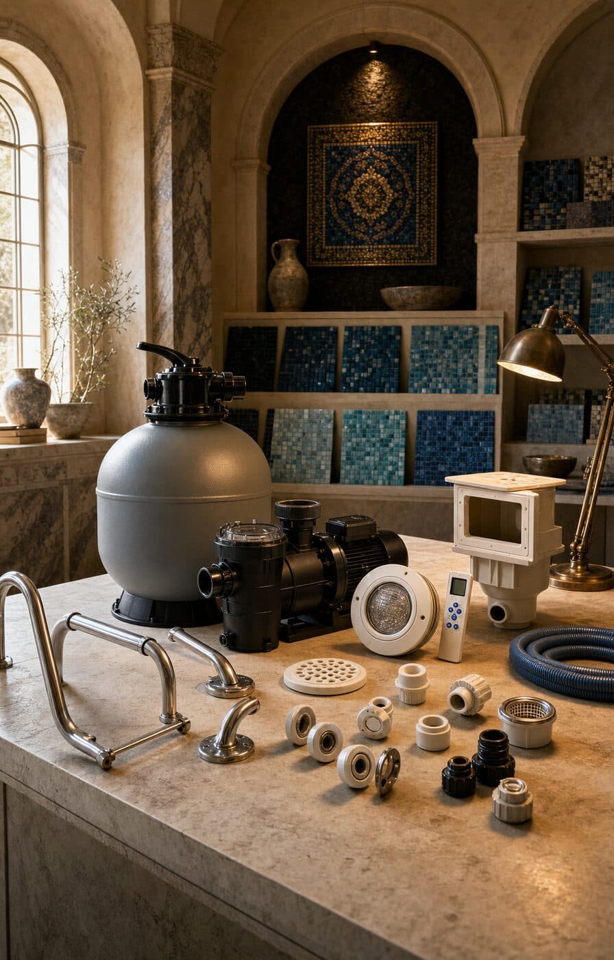 A swimming pool pump, filter, and fittings on a stone counter in an ornate mosaic room