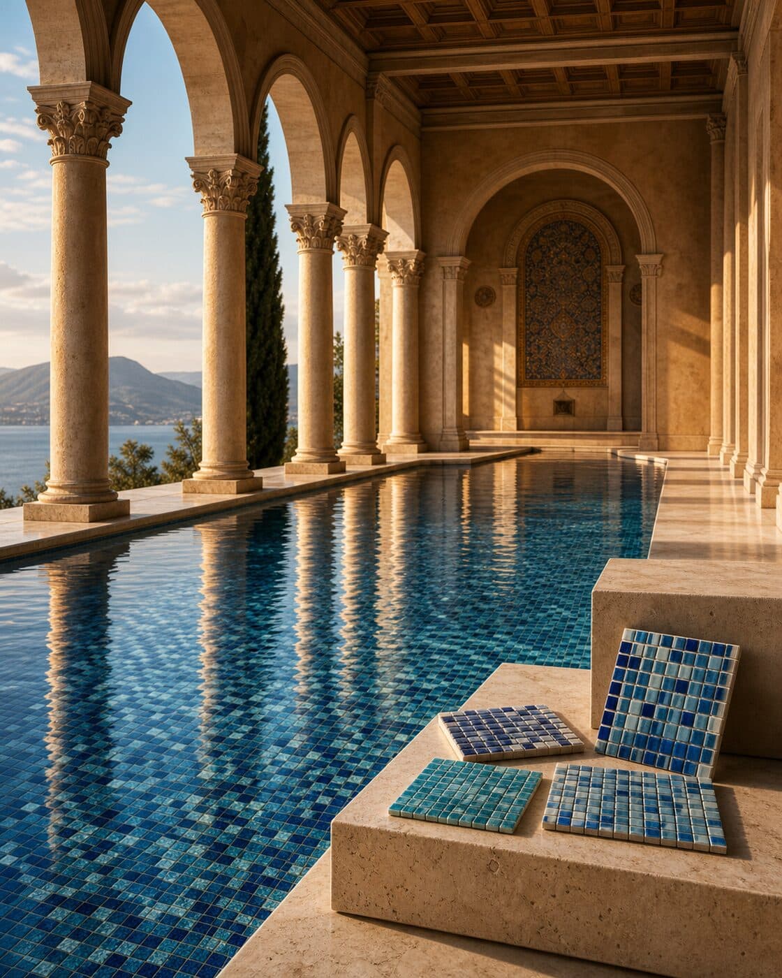 A palazzo loggia of stone columns beside a blue glass-mosaic pool overlooking the sea