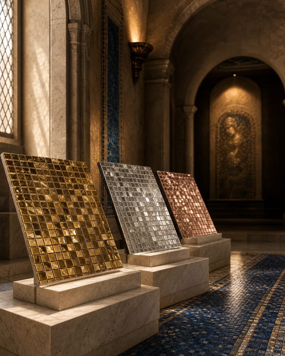 Gold, silver, and copper metallic glass-mosaic sample boards in a vaulted stone hall