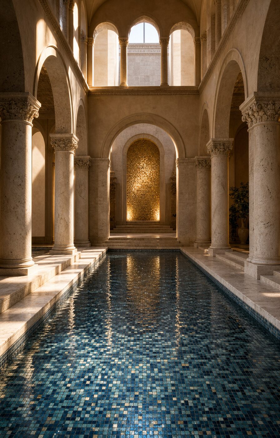 A columned atrium with a deep blue glass-mosaic pool lit by warm arched light
