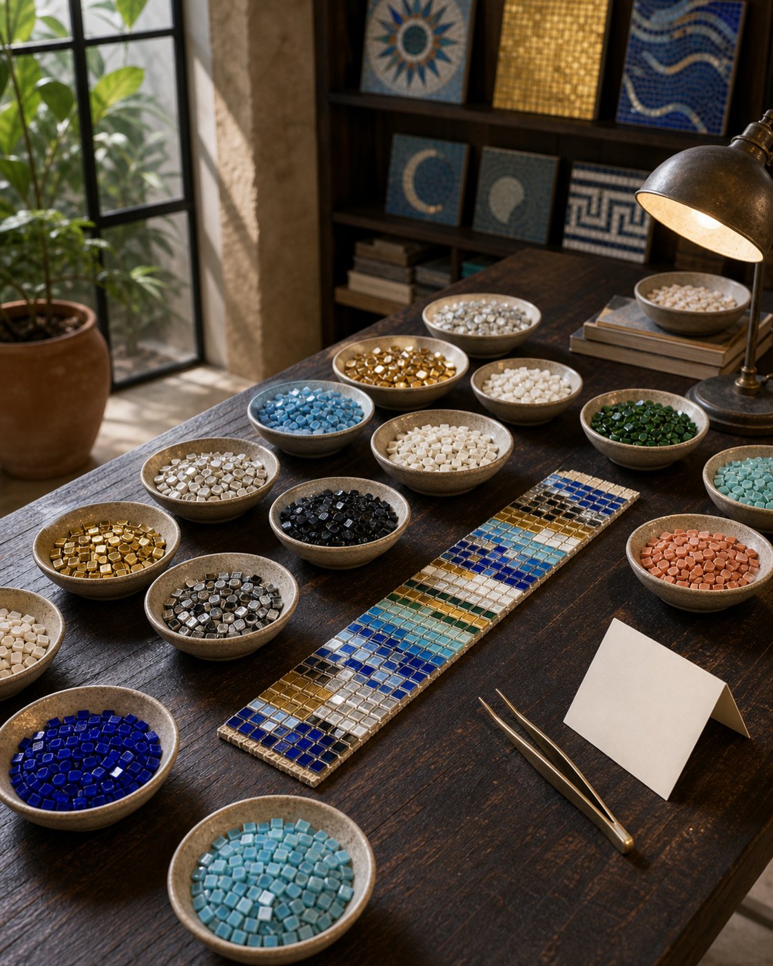 An artisan table of tesserae bowls and sample blends