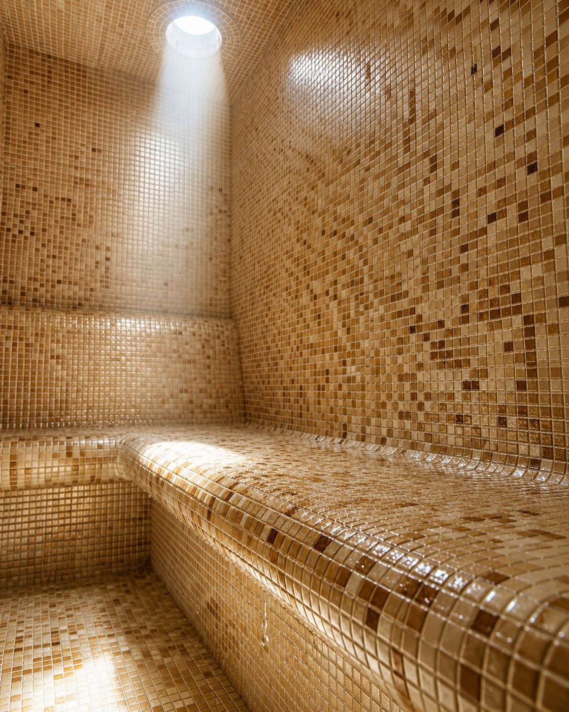 Warm mosaic hammam under a single shaft of light