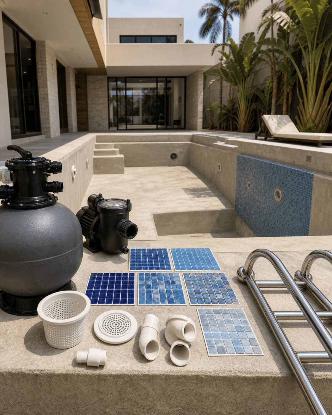 A swimming pool under construction with the waterline mosaic going in at dusk