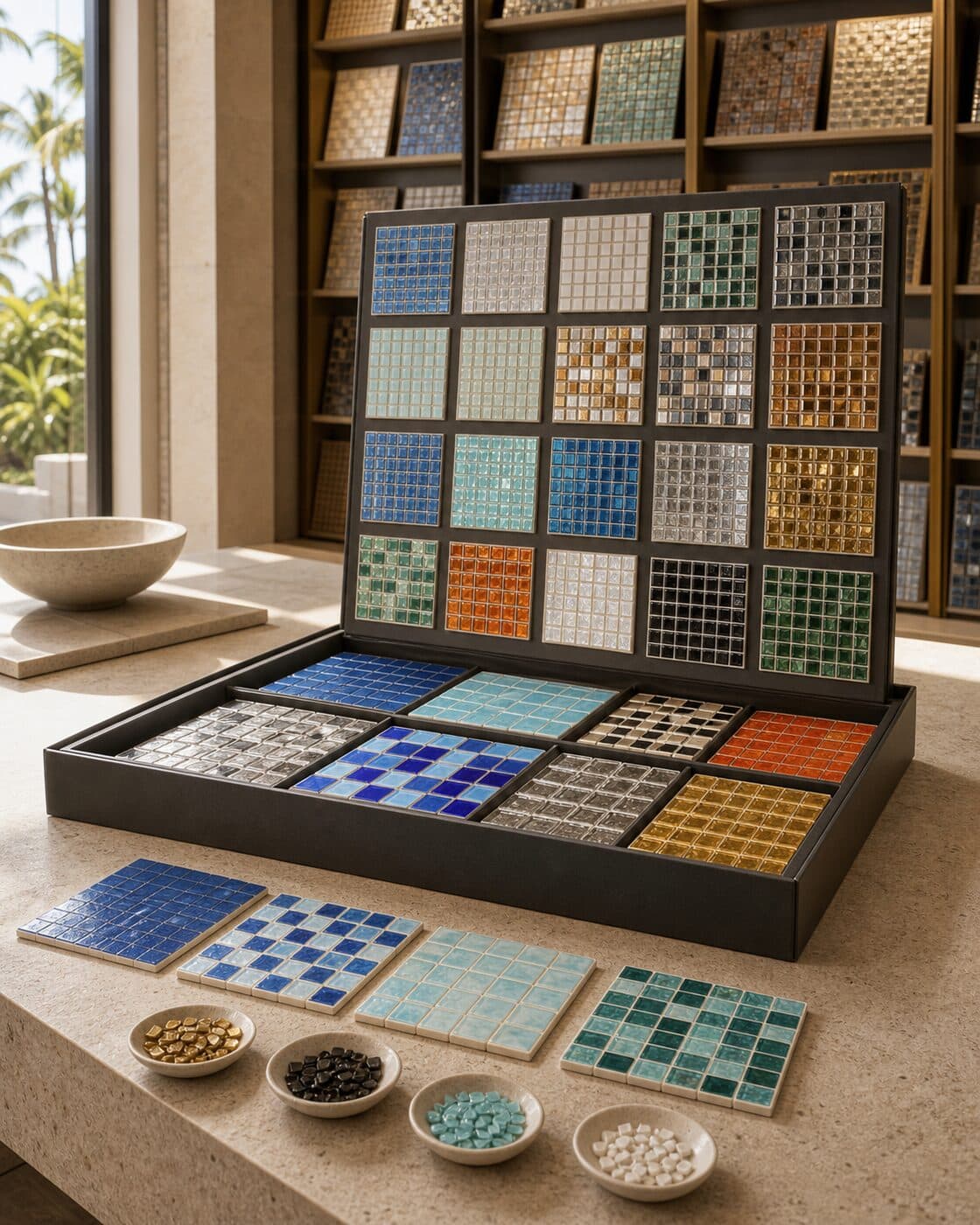 A wall of glass-mosaic sample boards and two open sample trays on a stone counter