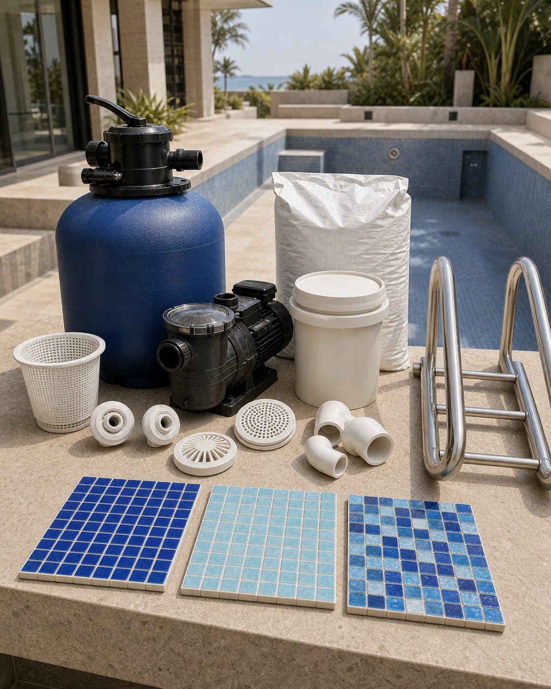 A pool pump, filter, chemicals, basket, and fittings laid out with blue mosaic samples by a pool