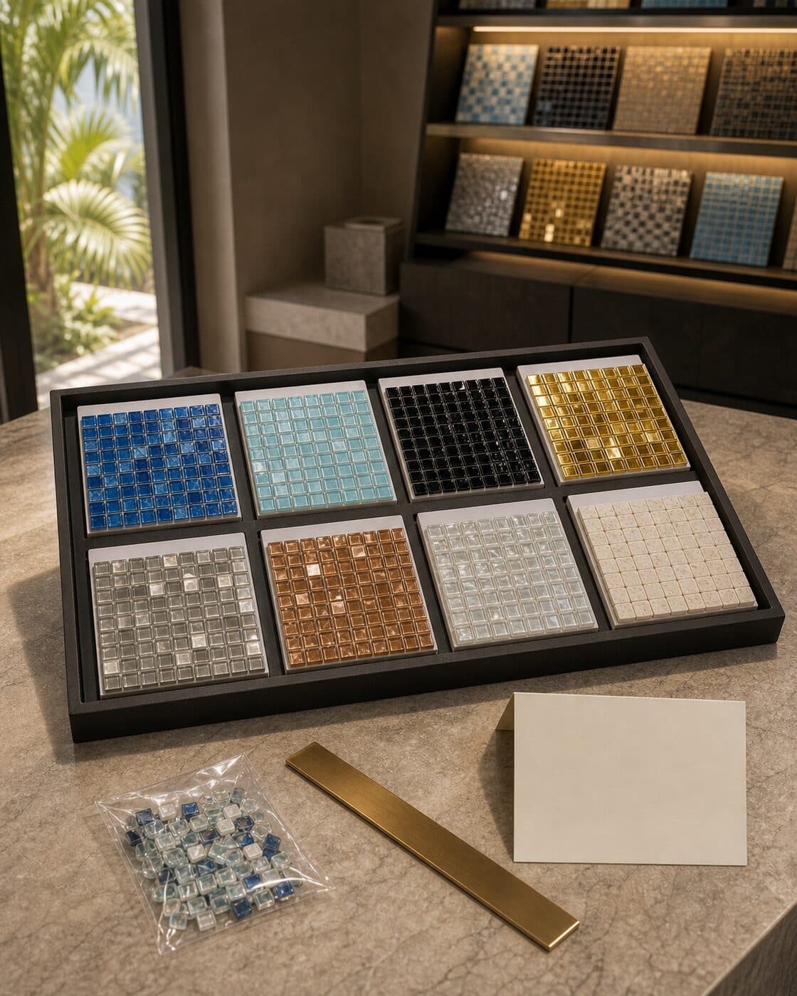 A tray of eight glass-mosaic samples with a baggie of loose tesserae and a brass ruler