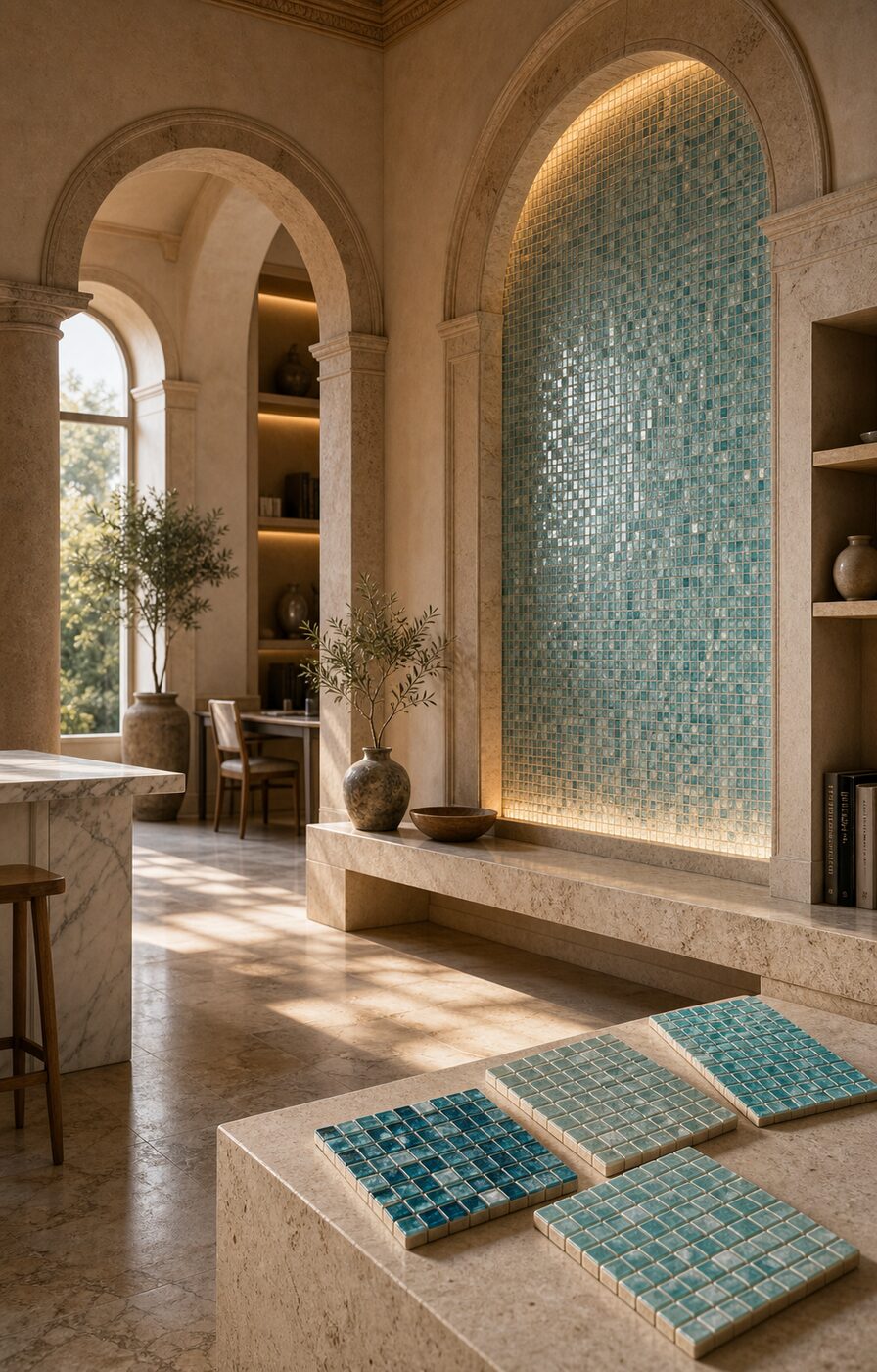 A sunlit stone interior with a tall arched aqua glass-mosaic feature wall
