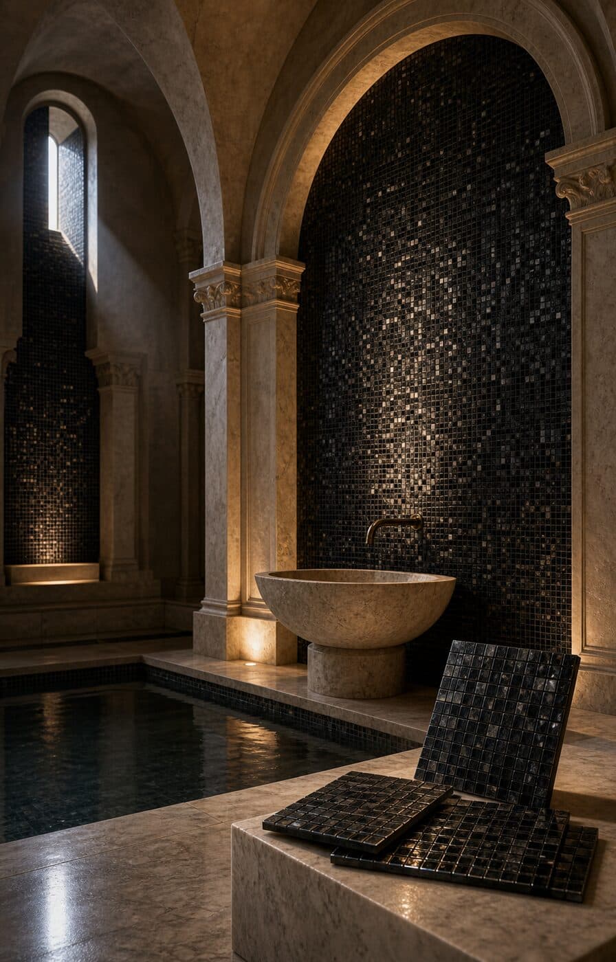 A dark bathroom with a black glass-mosaic feature wall, a carved stone basin, and a brass tap