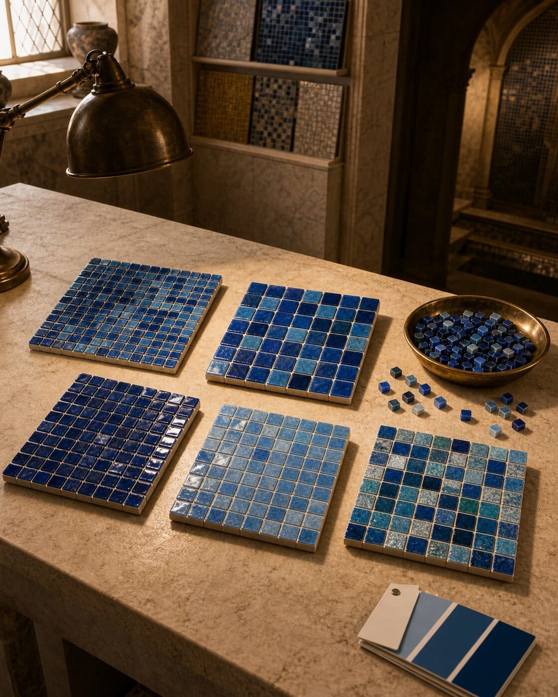 Blue glass-mosaic sample boards laid on a stone counter in a warm study