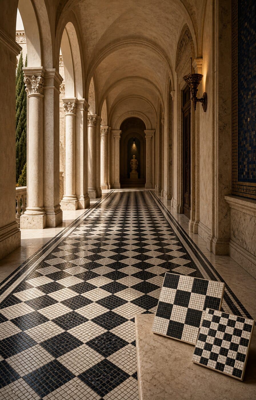A columned corridor with a black-and-white checkerboard mosaic floor