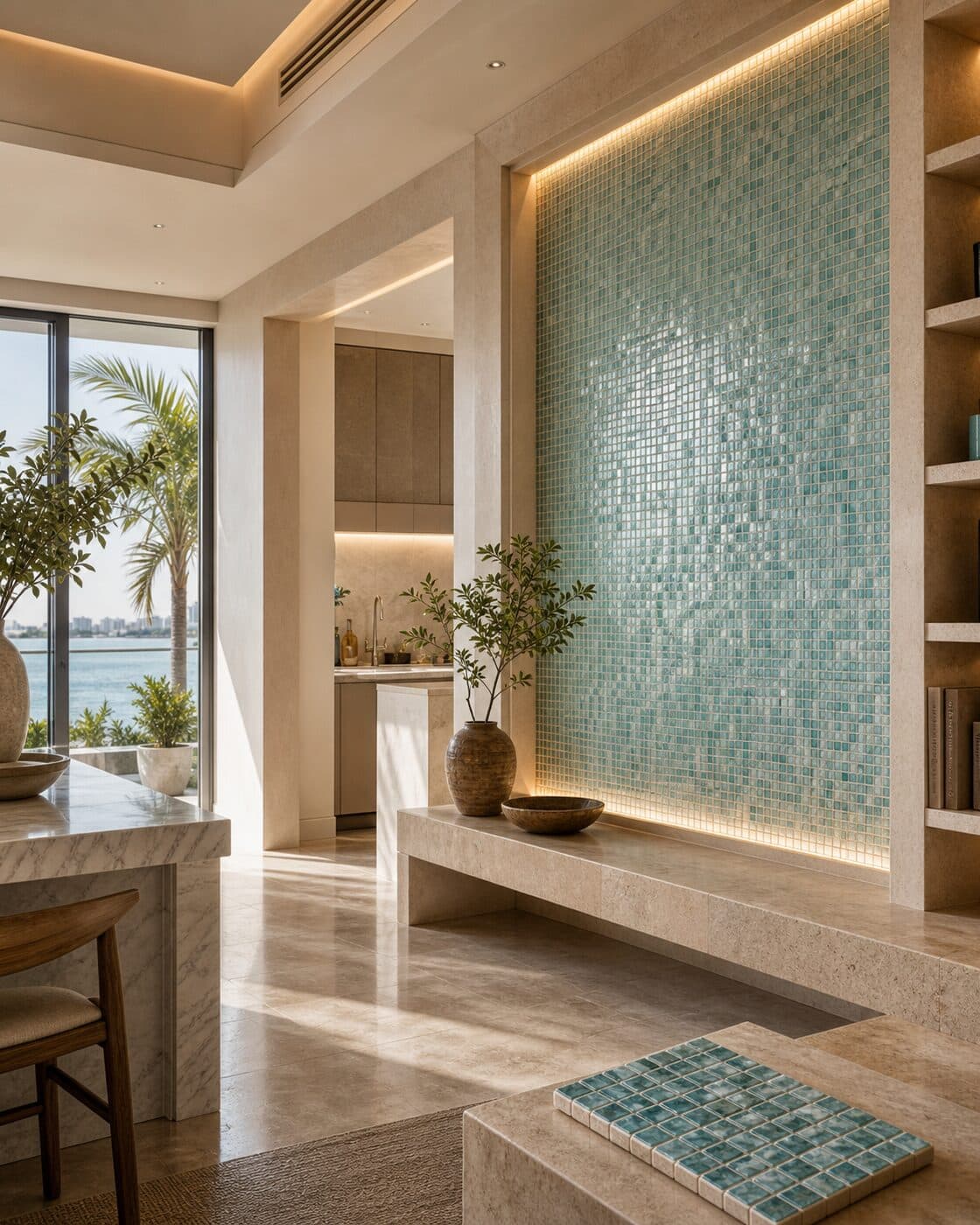 A bright Lagos interior with a turquoise glass-mosaic feature wall by the water