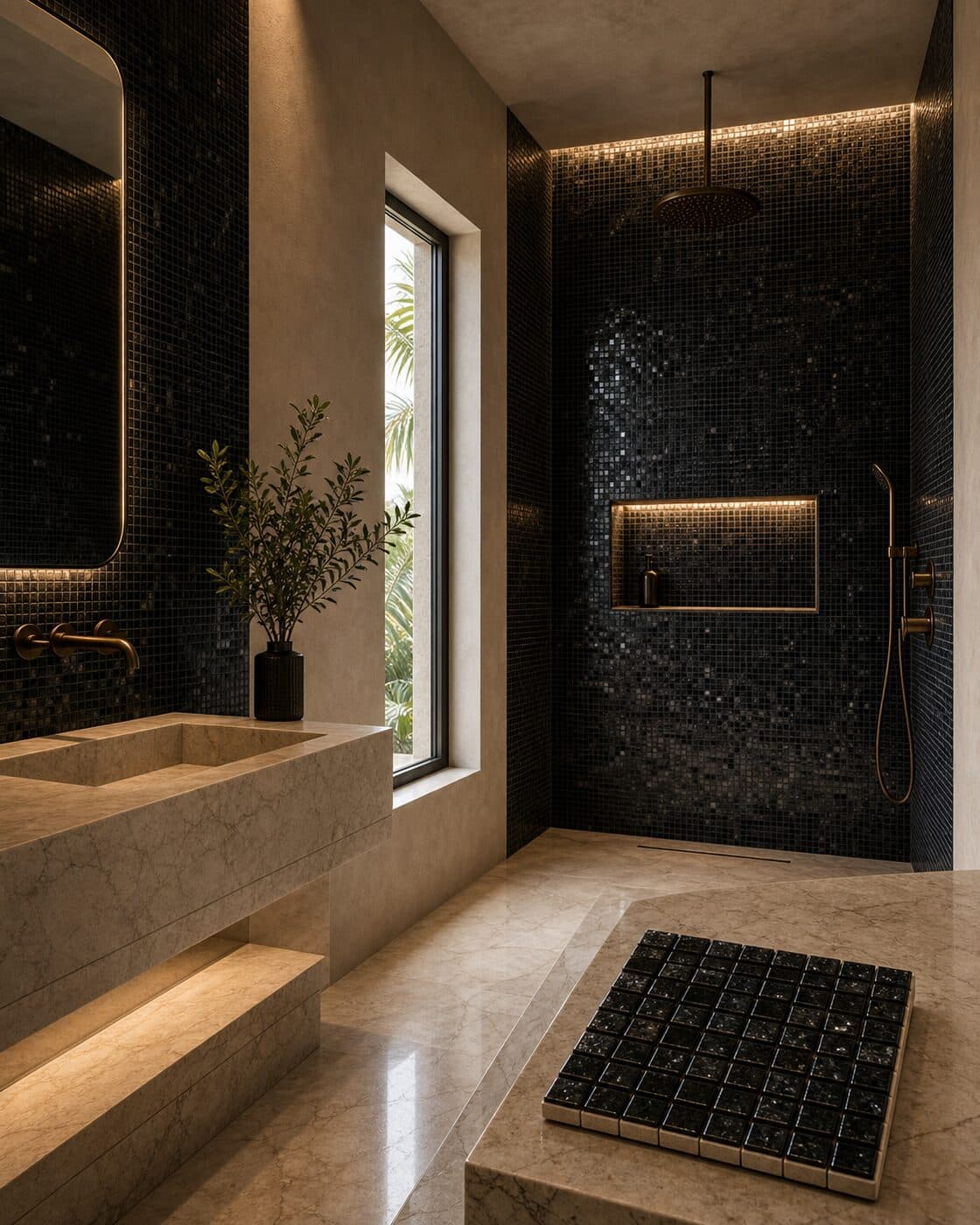 A dark luxury bathroom clad in black glass mosaic with brass fittings