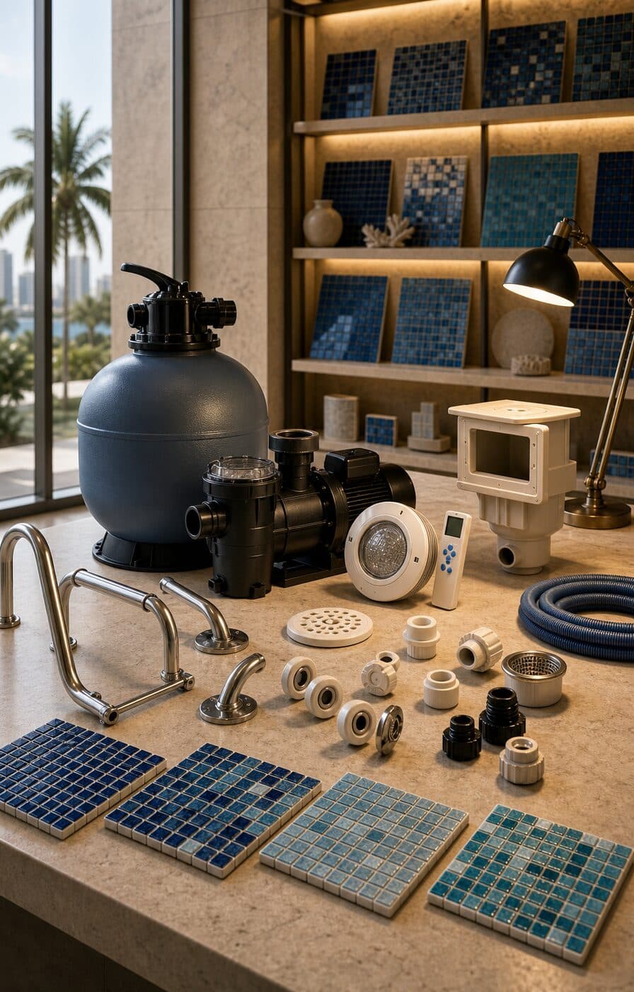 A swimming pool pump, filter, and fittings beside blue pool-mosaic samples