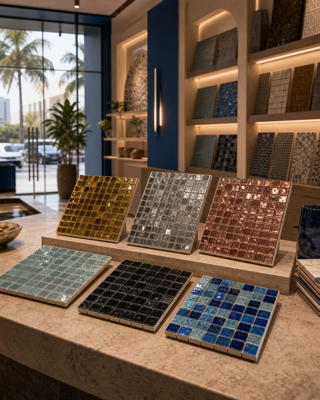 Mosaic sample boards in gold, silver, copper, and blue on a stone showroom counter