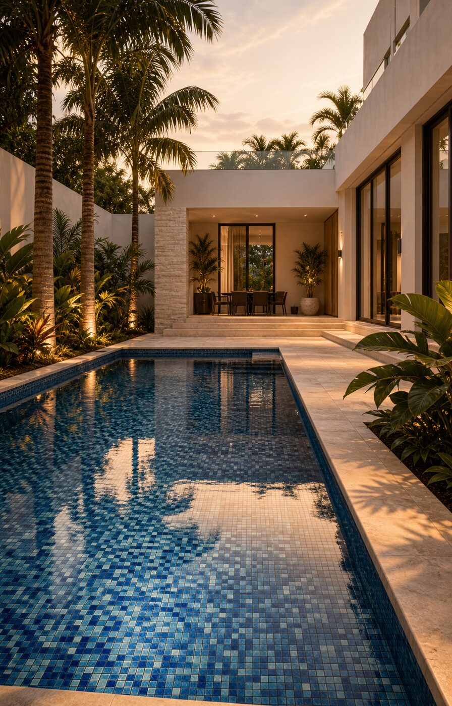 A Lagos villa pool clad in seed-blue mosaic at dusk, framed by palms