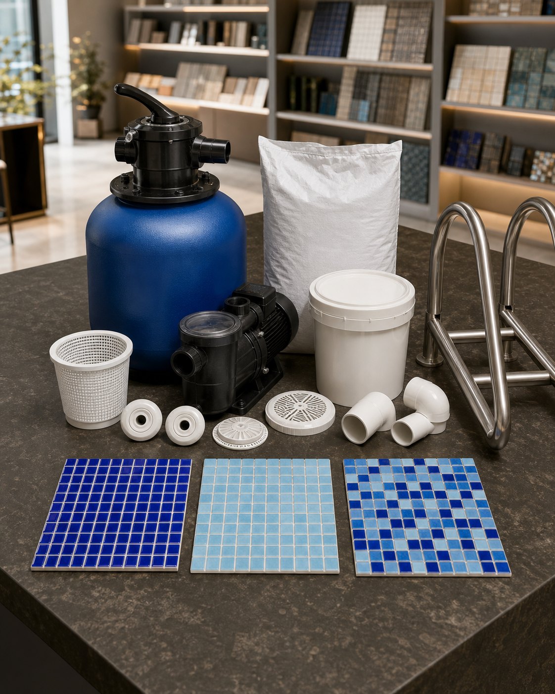 Pool equipment and mosaic samples on a materials counter