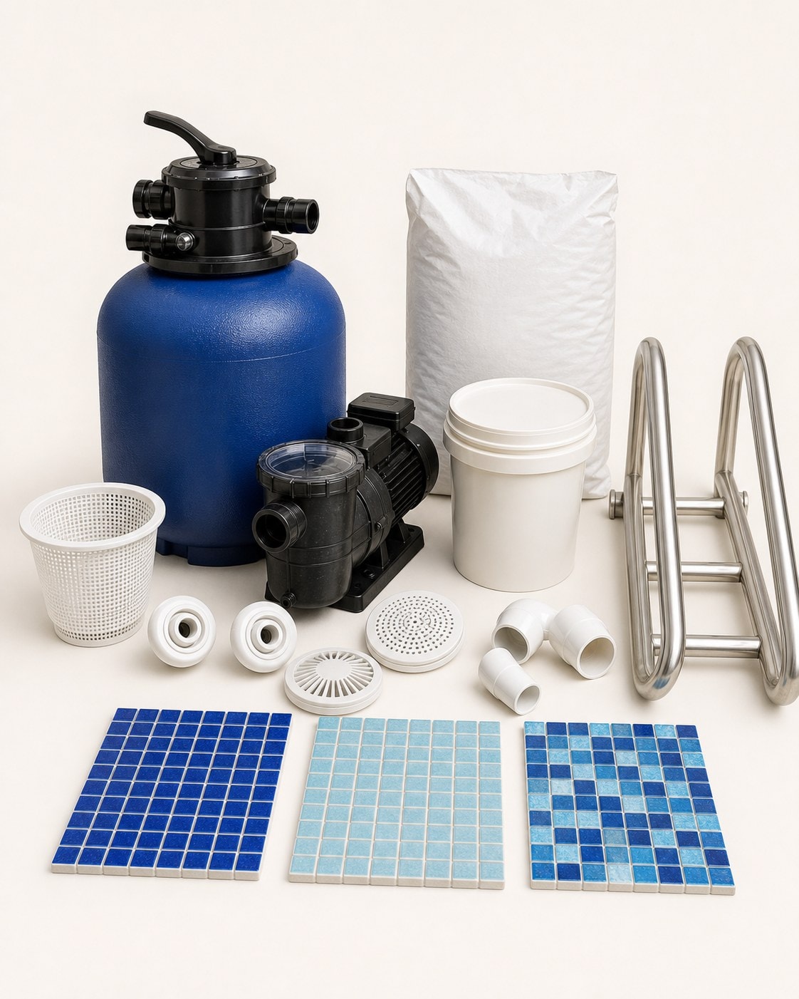 A pump, filter tank, ladder, and fittings beside mosaic samples