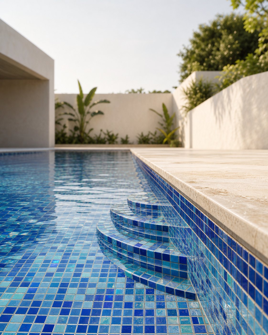 Blue mosaic at the edge of a swimming pool